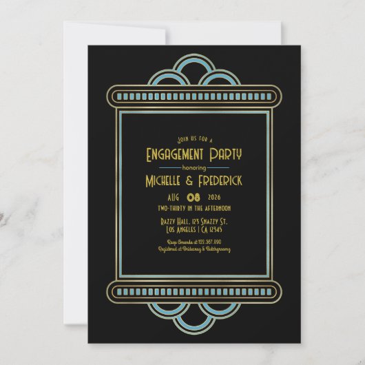 Gatsby Art Deco Blue & Gold Engagement Party Photo Einladung (Vorderseite)