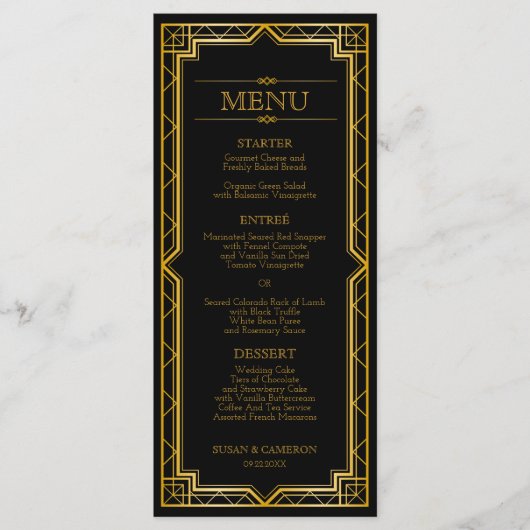 Gatsby Art Deco Dinner Menü | Editierbare Farbe Menükarte (Vorderseite)