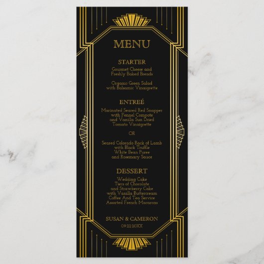 Gatsby Art Deco Dinner Menü | Editierbare Farbe Menükarte (Vorderseite)