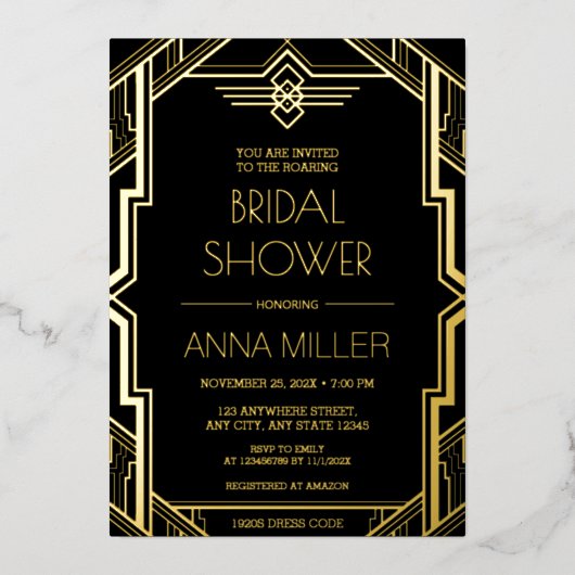 Gatsby Art Deco Gold und Black Brautparty Folieneinladung (Vorderseite)