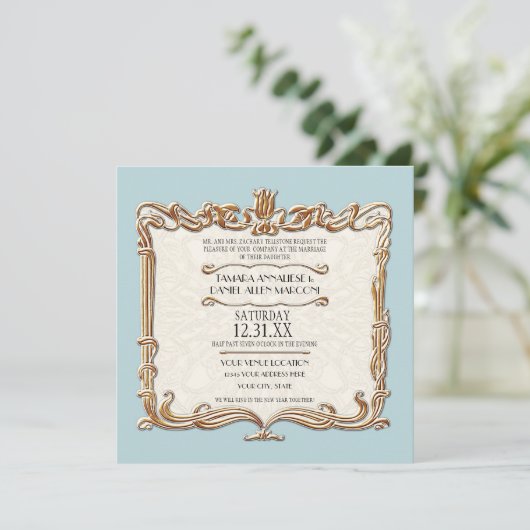 Gatsby Art Deco Jugendstil Imitate Golden Tulip Einladung (Stehend Vorderseite)