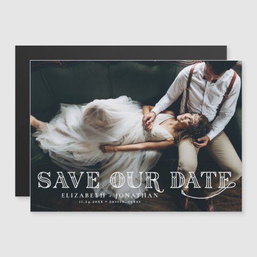 Gatsby Art Deco Lettering Foto Save the Date Magneteinladung (Vorne/Hinten)
