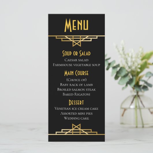 Gatsby Art Deco Menü Black & Gold Wedding Party Menükarte (Stehend Vorderseite)