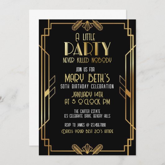 Gatsby, Art Deco, murder mystery, Soirees Einladung (Vorne/Hinten)