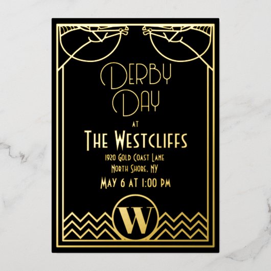 Gatsby Art Deco Pferd Derby Party Black Folieneinladung (Vorderseite)