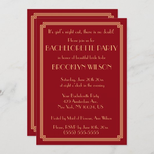 Gatsby Art Deco Roter Junggeselinnen-Abschied Einl Einladung (Vorne/Hinten)