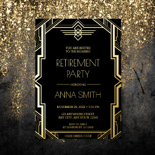Gatsby Art Deco Schwarz und Gold Ruhestand Party F Folieneinladung