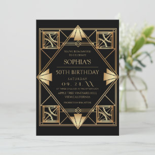 Gatsby Art Deco Schwarze 50. Geburtstagsfeier Einladung