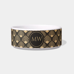 Gatsby Art Deco Sepia Schwarz Fächer Muster Monogr Napf
