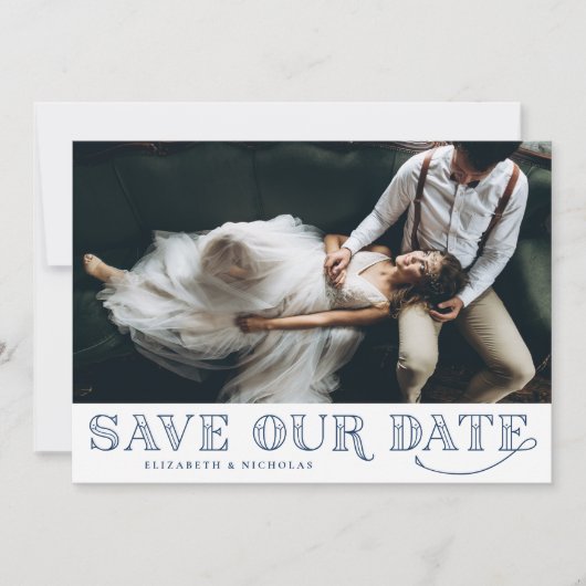 Gatsby Art Deco Typografie Blue Save the Date (Vorderseite)