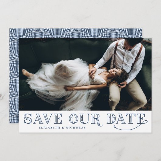 Gatsby Art Deco Typografie Blue Save the Date (Vorne/Hinten)