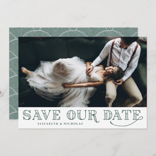 Gatsby Art Deco Typografie Green Save the Date (Vorne/Hinten)