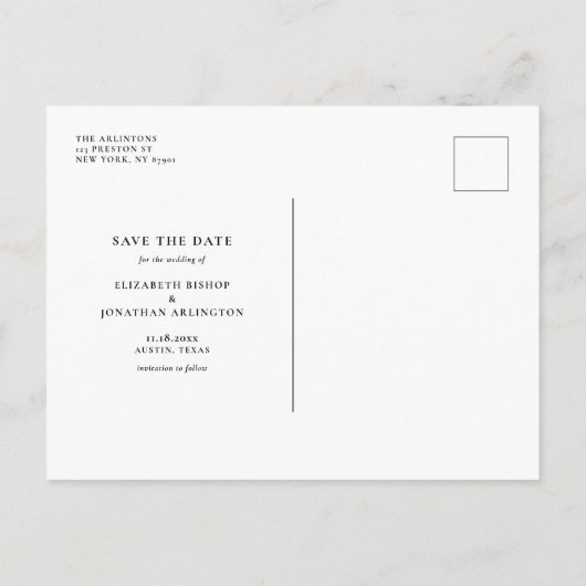 Gatsby Art Deco Typografy Foto Save the Date Ankündigungspostkarte (Rückseite)