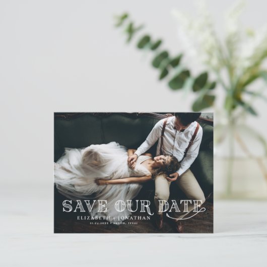 Gatsby Art Deco Typografy Foto Save the Date Ankündigungspostkarte (Stehend Vorderseite)