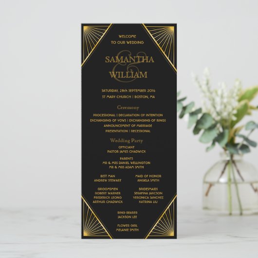 Gatsby Art Deco Wedding Timeline Programm (Stehend Vorderseite)