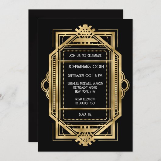 Gatsby Art Deko Goldrahmen DIY Foto Party Einladung (Vorne/Hinten)