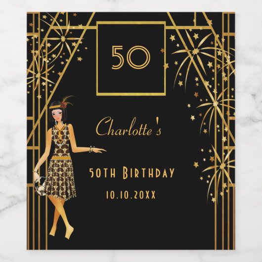 Gatsby Birthday Party Black Gold Retro Art Deko Weinetikett (Einzelnes Label)