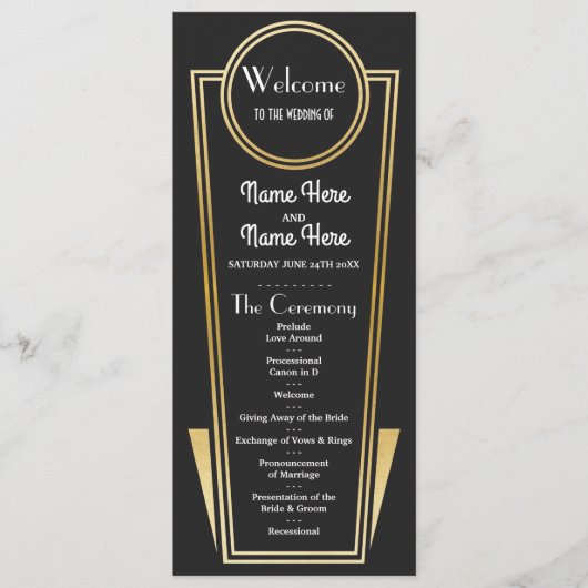 Gatsby Black & Gold Art Deco Hochzeitsprogramm der Programm (Vorderseite)