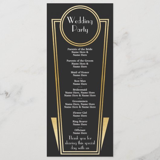 Gatsby Black & Gold Art Deco Hochzeitsprogramm der Programm (Rückseite)