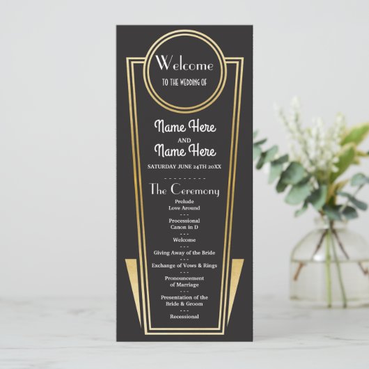 Gatsby Black & Gold Art Deco Hochzeitsprogramm der Programm (Stehend Vorderseite)