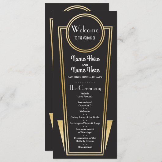 Gatsby Black & Gold Art Deco Hochzeitsprogramm der Programm (Vorne/Hinten)
