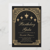 Gatsby Deko Roaring 20er Kronleuchter Gold zum Geb Einladung (Vorderseite)