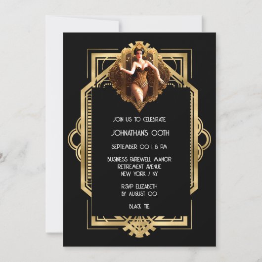 Gatsby Flapper Girl Black Gold 1920er Themenparty Einladung (Vorderseite)