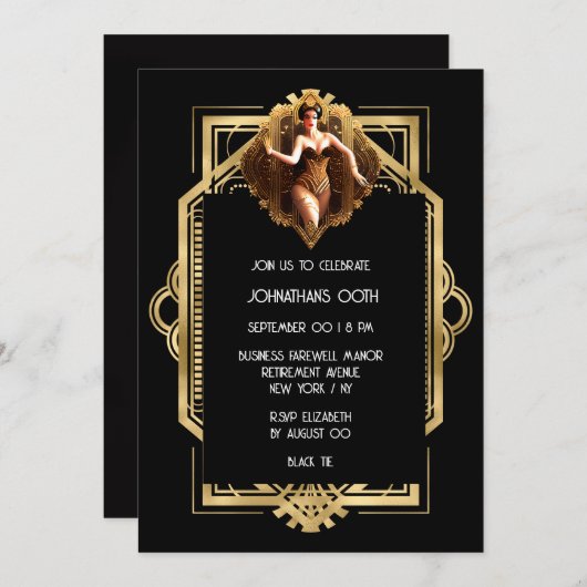 Gatsby Flapper Girl Black Gold 1920er Themenparty Einladung (Vorne/Hinten)