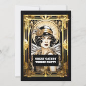 Gatsby Flapper Girl Dunkelhaar schwarzes Gold Vera Einladung (Rückseite)