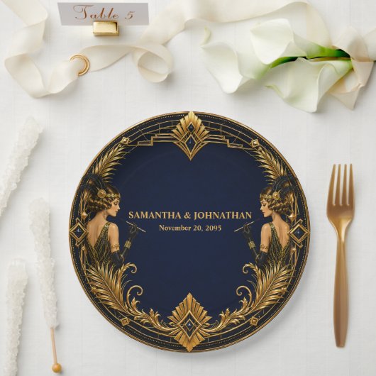 Gatsby Flapper Mädchen Navy Gold Hochzeitsdinner Pappteller (Hochzeit)