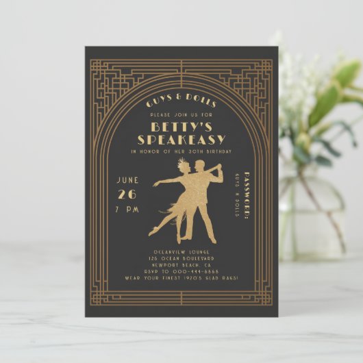 Gatsby Flapper Speakeasy Roaring 20er Gold Geburts Einladung (Stehend Vorderseite)