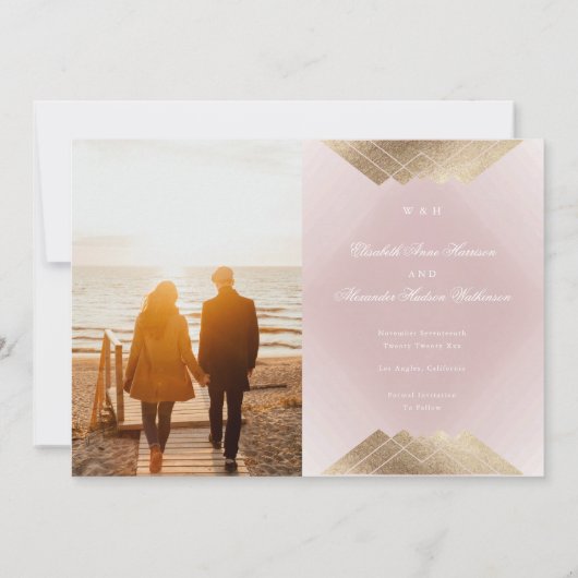 Gatsby Foil Save the Date in Gold Pink geometrisch Ankündigung (Rückseite)