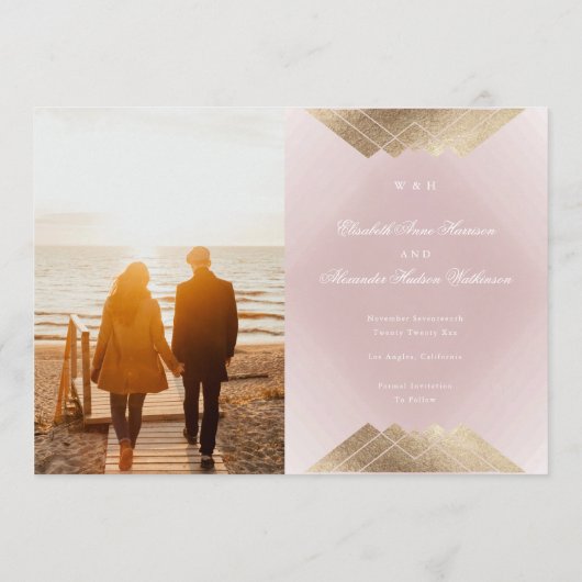 Gatsby Foil Save the Date in Gold Pink geometrisch Ankündigung (Rückseite)