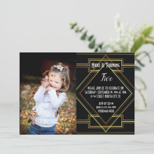 Gatsby Foto Birthday Party Einladung (Stehend Vorderseite)