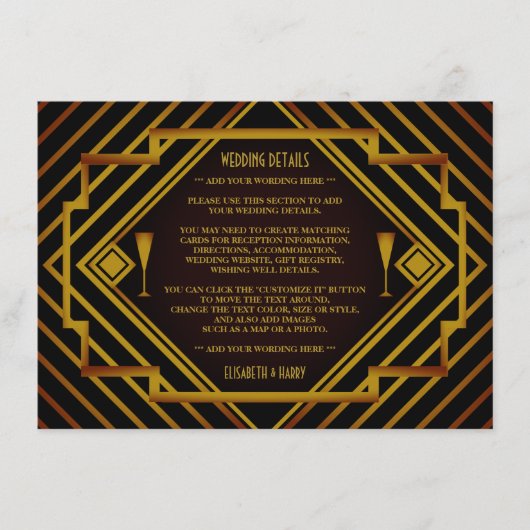 Gatsby Gold 2020er Hochzeitsdetails Begleitkarte (Vorderseite)