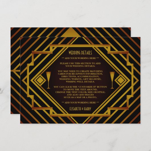 Gatsby Gold 2020er Hochzeitsdetails Begleitkarte (Vorne/Hinten)