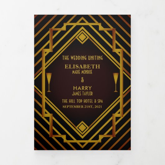 Gatsby Gold 2020's Wedding Program Dreifach-gefaltete Programmkarte (Cover)