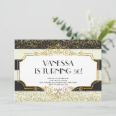 Gatsby Gold Black Glitzer 50. Geburtstag Einladung (Stehend Vorderseite)