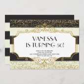Gatsby Gold Black Glitzer 50. Geburtstag Einladung (Vorne/Hinten)