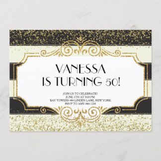 Gatsby Gold Black Glitzer 50. Geburtstag Einladung