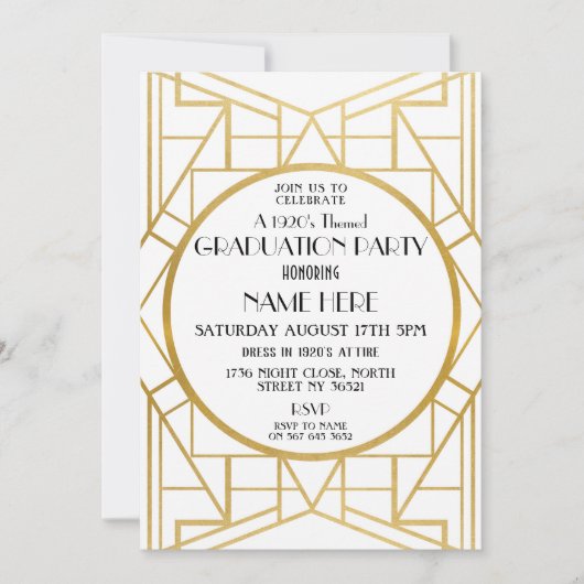 Gatsby Gold Einladung zur Art Deco Graduation Part (Vorderseite)