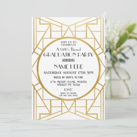 Gatsby Gold Einladung zur Art Deco Graduation Part (Stehend Vorderseite)