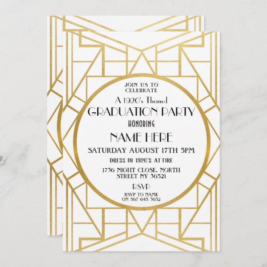 Gatsby Gold Einladung zur Art Deco Graduation Part (Vorne/Hinten)