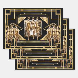 Gatsby Gold Flapper Schwarz Retro 1920er Decoupage Geschenkpapier Set
