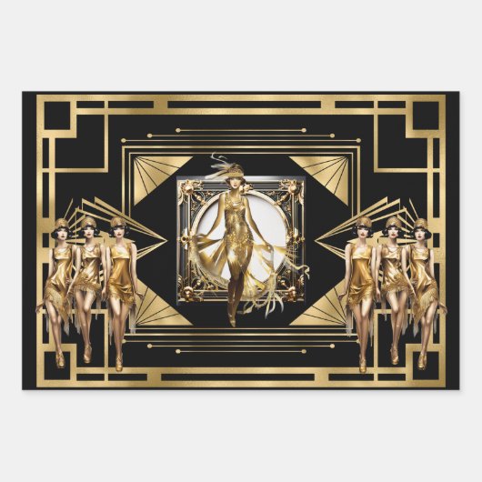 Gatsby Gold Flappers schwarzer Retro der 1920er Ja Geschenkpapier Set (Vorderseite 3)