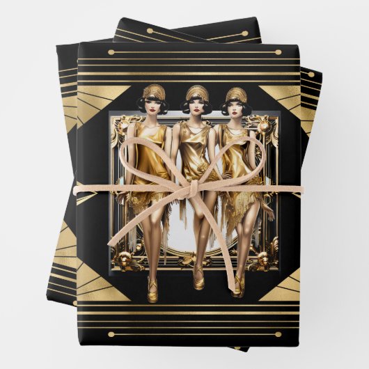Gatsby Gold Flappers schwarzer Retro der 1920er Ja Geschenkpapier Set (Beispiel)
