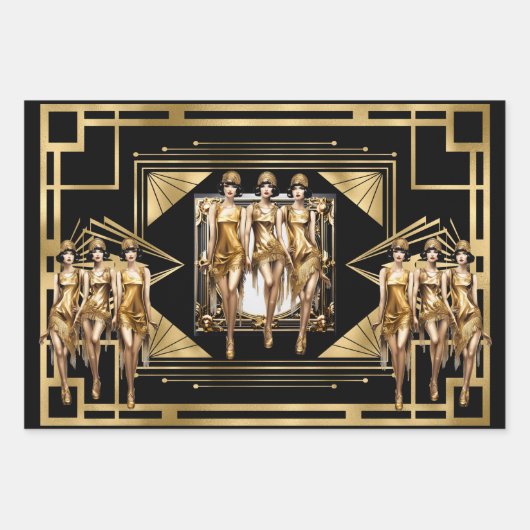 Gatsby Gold Flappers schwarzer Retro der 1920er Ja Geschenkpapier Set (Vorderseite)