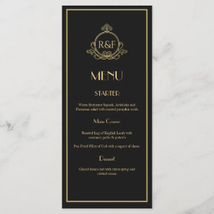 Gatsby-Hochzeit: Schwarz und Gold Roaring 20er Menükarte