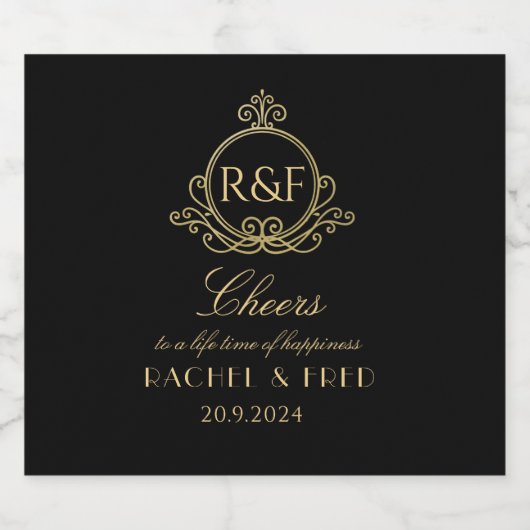 Gatsby-Hochzeit: Schwarz und Gold Roaring 20er Schaumweinetikett (Einzelnes Label)