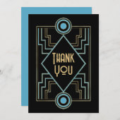 Gatsby-Inspired Art Deco Blue & Gold Wedding Photo Dankeskarte (Vorne/Hinten)